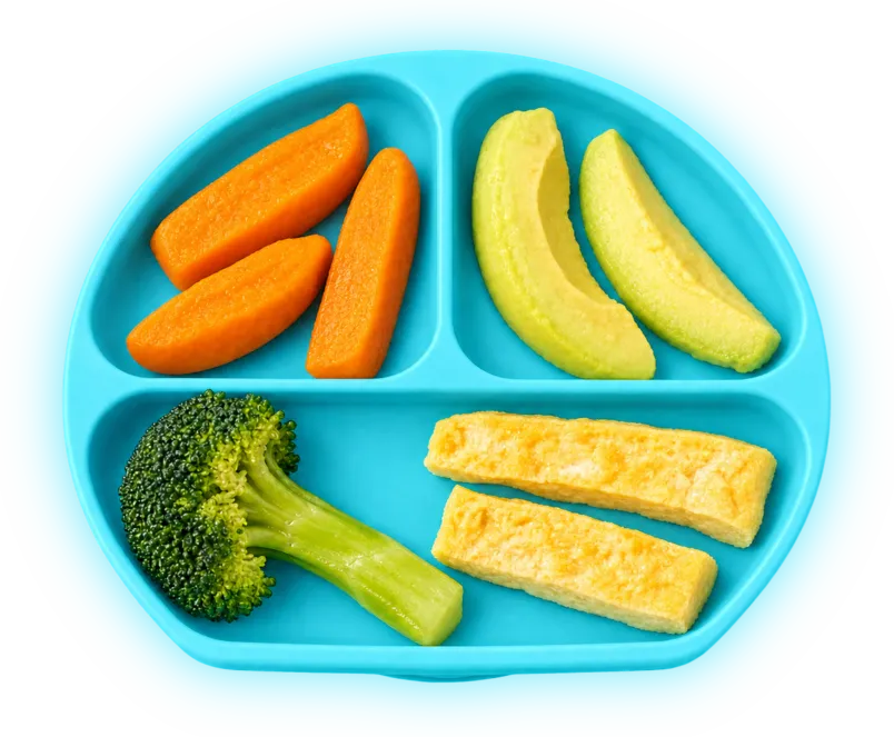 Baby Plate — a turquoise divided plate with carrot sticks, avocado, broccoli and omelet strips