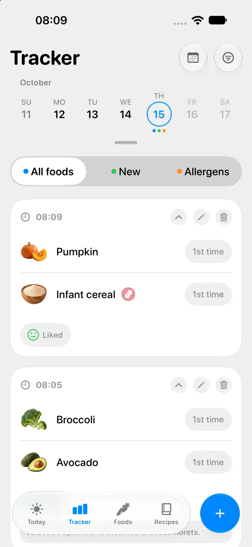 Tracker for October 15 with All foods, New, and Allergens tabs. The 08:09 entry shows pumpkin and infant cereal, both marked 1st time, an allergen badge on infant cereal, and a Liked response. The 08:05 entry shows broccoli and avocado, both marked 1st time.