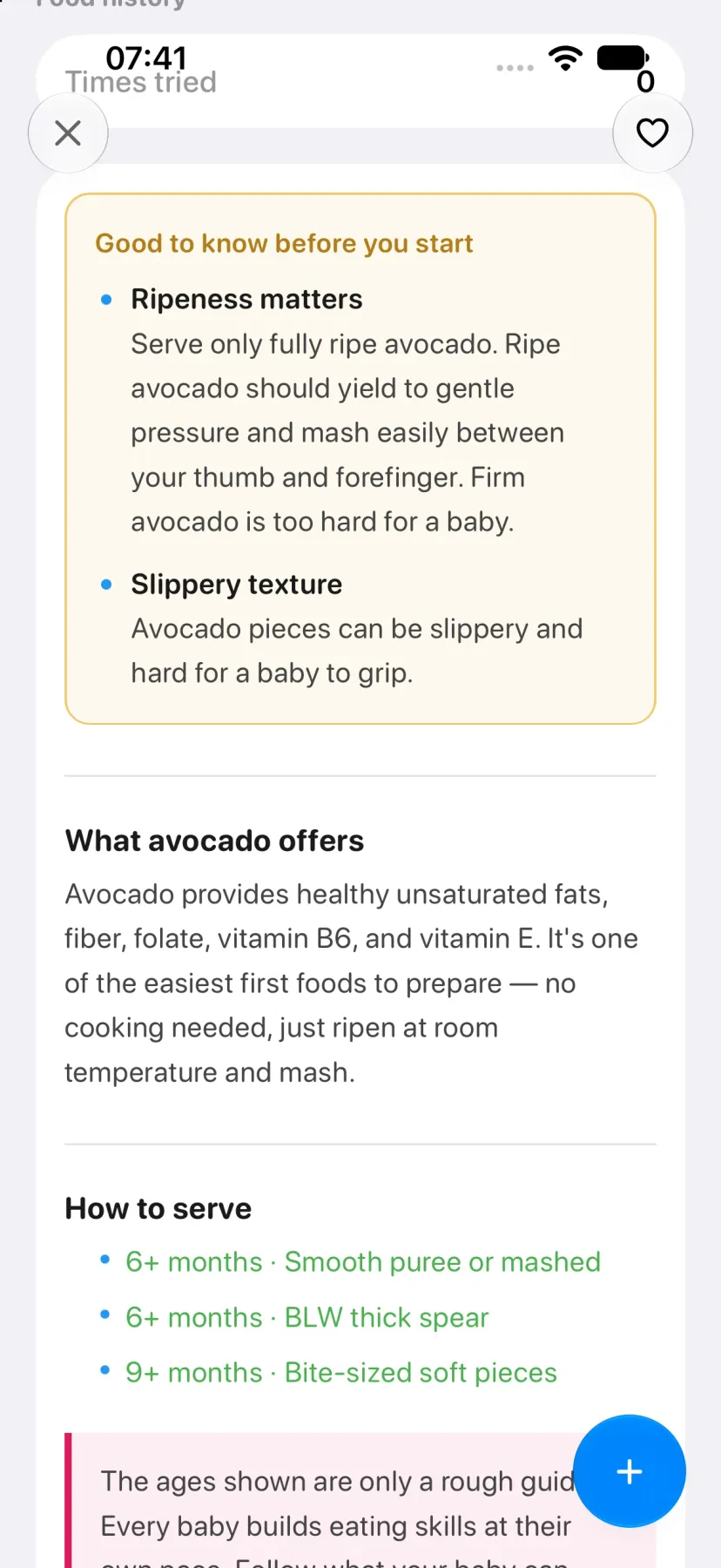 Avocado guidance with ripeness and slippery texture notes, What avocado offers, and How to serve options for 6+ and 9+ months.