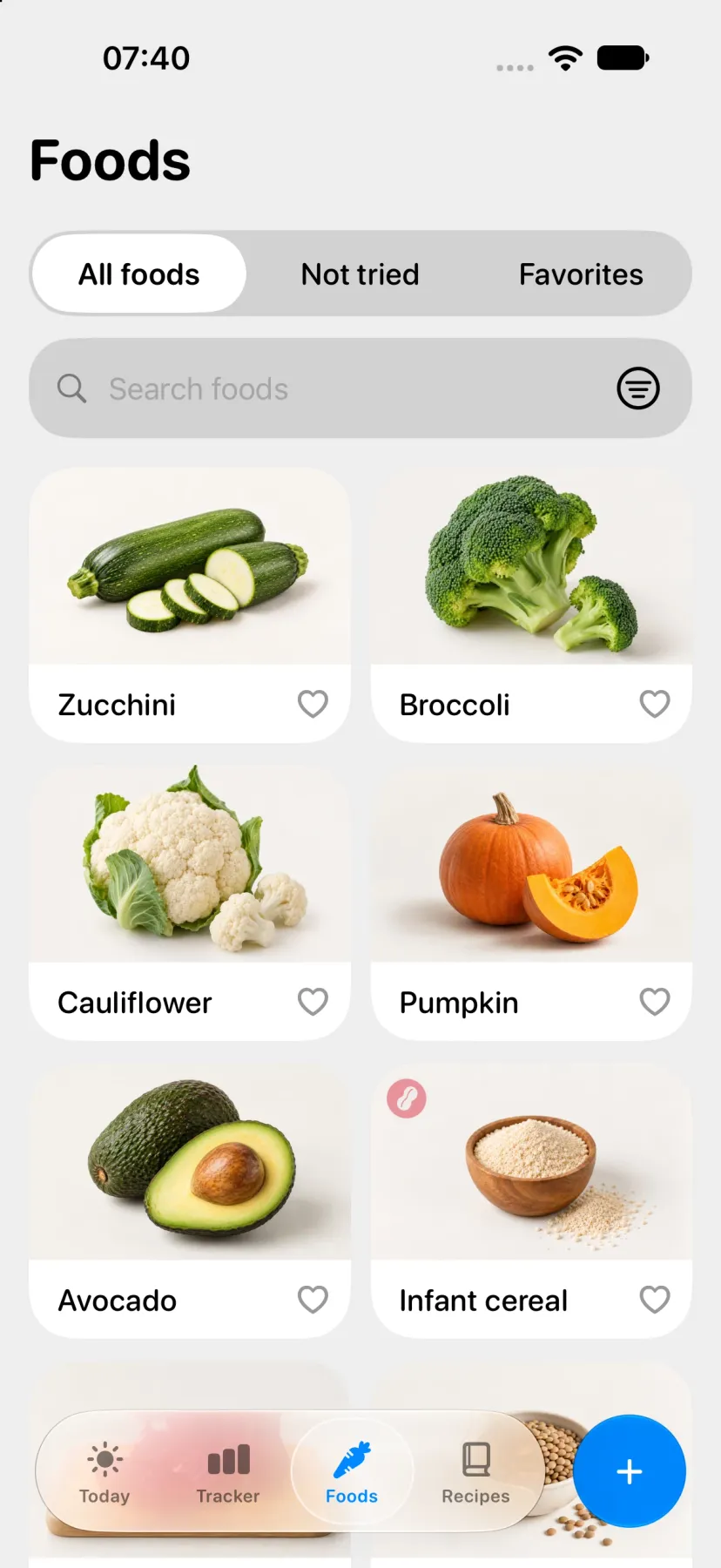 Foods catalog with All foods, Not tried, and Favorites tabs, search, and cards for zucchini, broccoli, cauliflower, pumpkin, avocado, and infant cereal with an allergen badge.