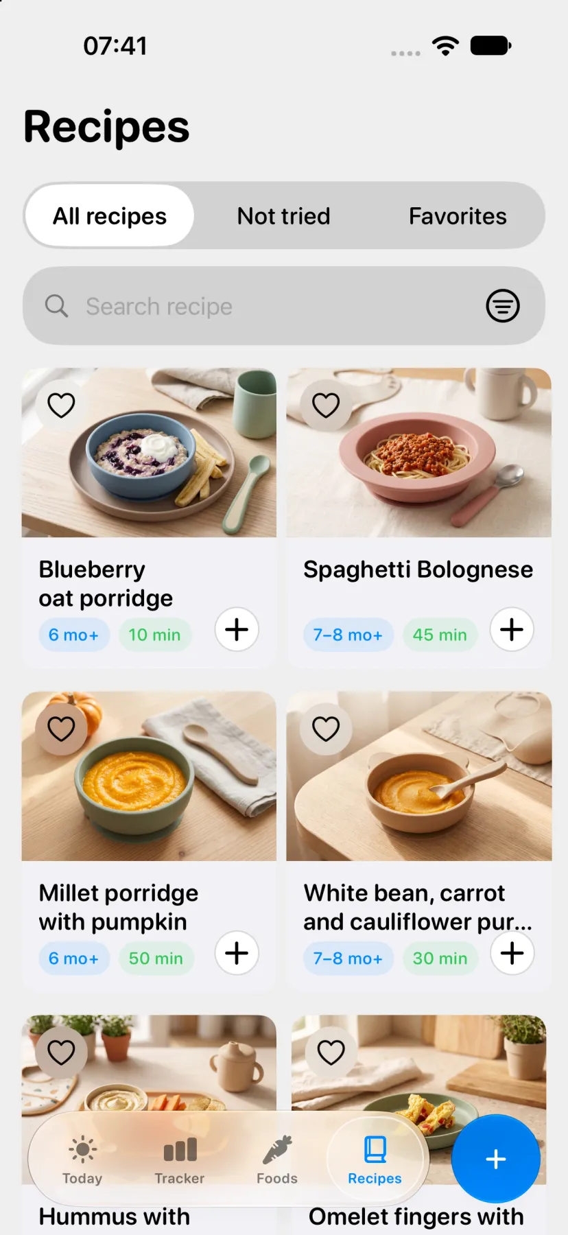 Recipes catalog with search, favorites, and recipe photos, including blueberry oat porridge and spaghetti Bolognese with age and cooking time labels.