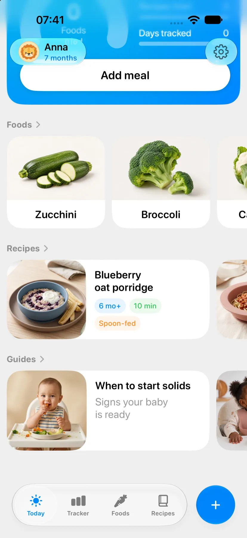 Today screen with Foods and Recipes sections and the guide When to start solids, Signs your baby is ready, with its cover photo.